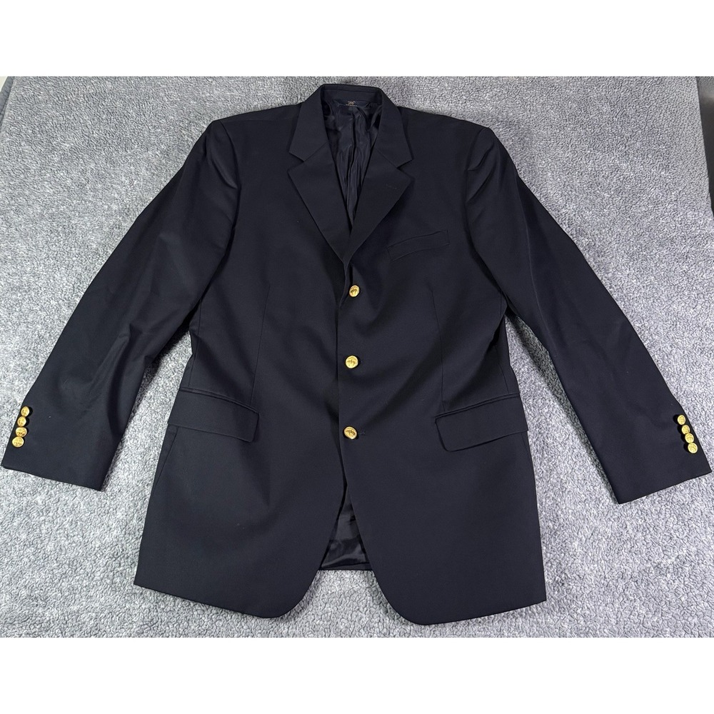 Brooks Brothers 346 Navy Blue Blazer Gold Buttons Mens Size 44L 100% Wool Preppy